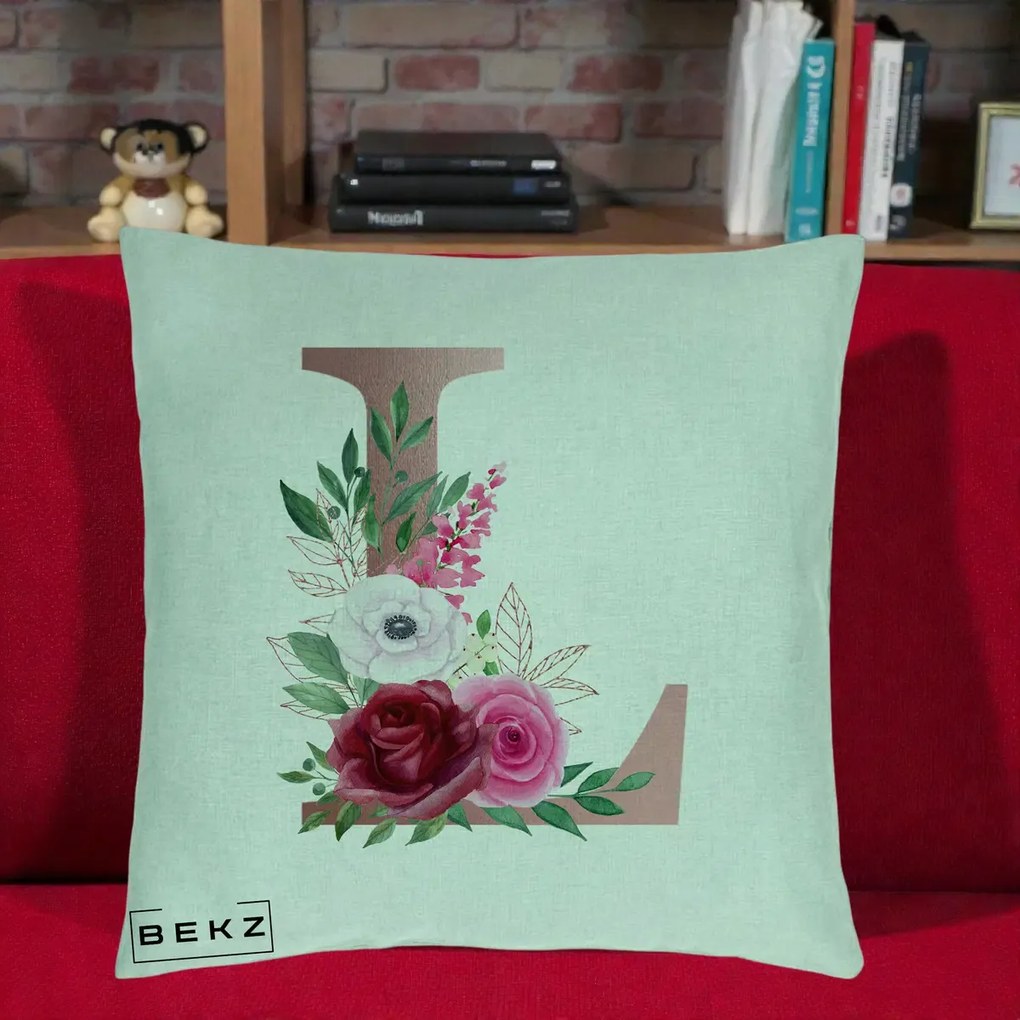 Cadou Personalizat - Perna Personalizata Monograma Rose Gold Litera L, 40x40 cm, Verde Menta, Husa Detasabila, Perna Inclusa, BEKZ®