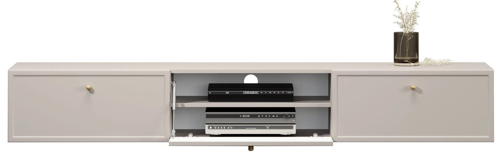 Comodă TV suspendată Lorini 200 cm cu sertare - culoare cașmir / mânere aurii