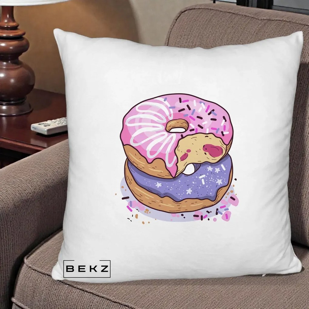 Perna Decorativa Donuts Roz si Mov, 40x40 cm, Alb Pufos, Husa Detasabila, Perna Inclusa, BEKZ®