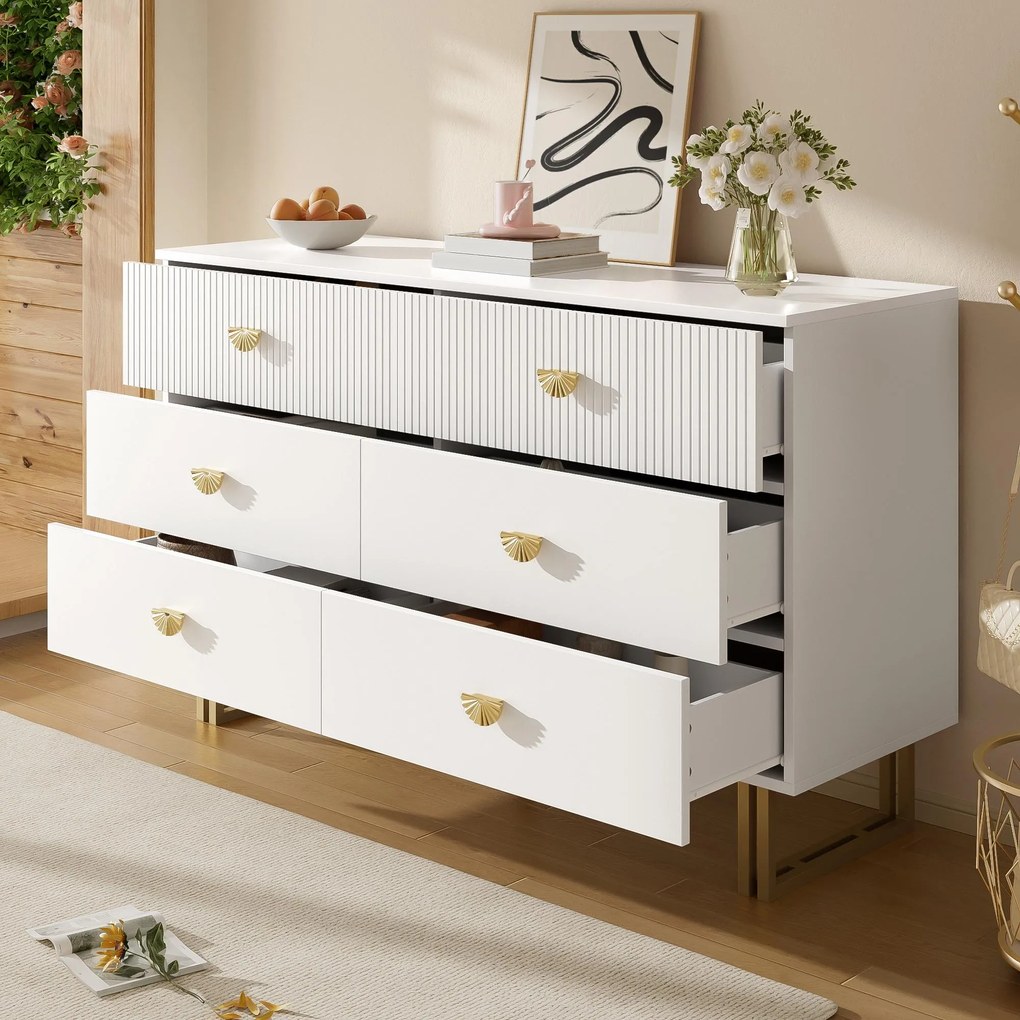 Comodă modernă cu 6 sertare, mânere tip evantai și picioare din oțel, mult spațiu de depozitare, 120x40x75 cm, Alb