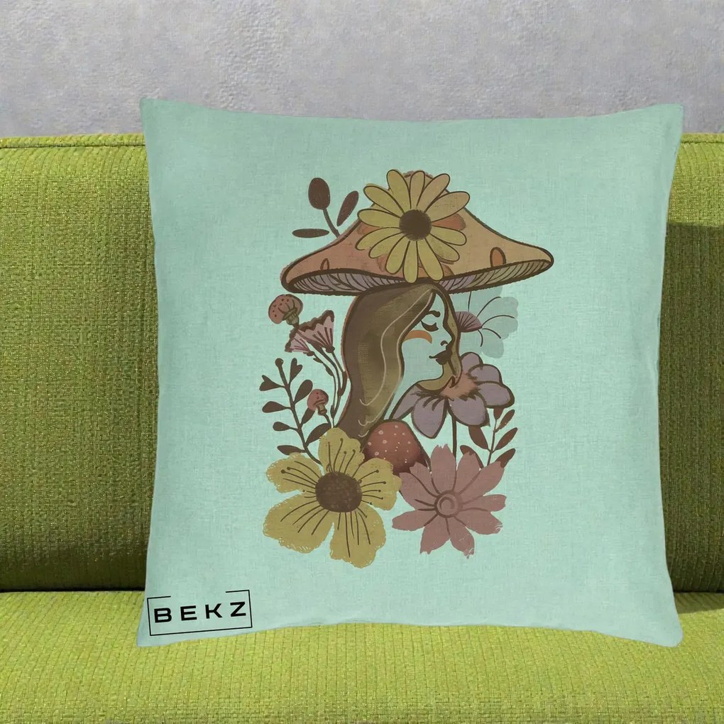 Perna Decorativa Fata Ciuperca Florala Boho, 40x40 cm, Verde Menta, Husa Detasabila, Perna Inclusa, BEKZ®