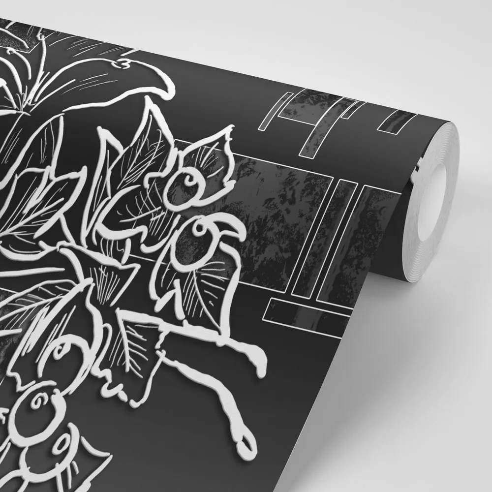 Tapet ilustrație florală în alb-negru