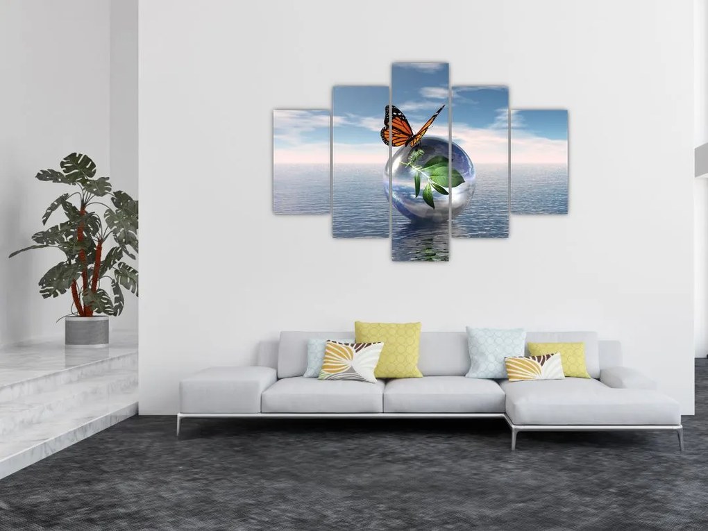 Tablou cu fluture pe bilă din sticlă (150x105 cm)