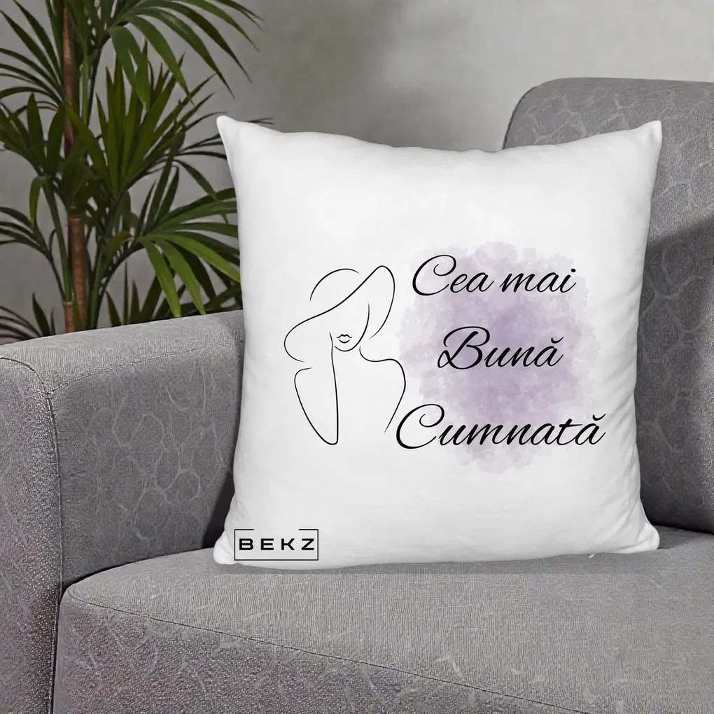 Cadou pentru Cumnata - Perna Personalizata Cea mai Buna Cumnata cu Silueta Dama si Pete Violet, 40x40 cm, Alb Pufos, Husa Detasabila, Perna Inclusa, BEKZ®