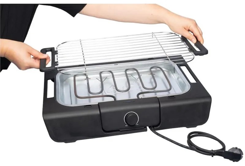 Gratar electric Royalty Line RL-SBGT2000, 2000W, 38x28 cm, Suport pliabil, 200°C, Termostat, Tava de scurgere, Negru