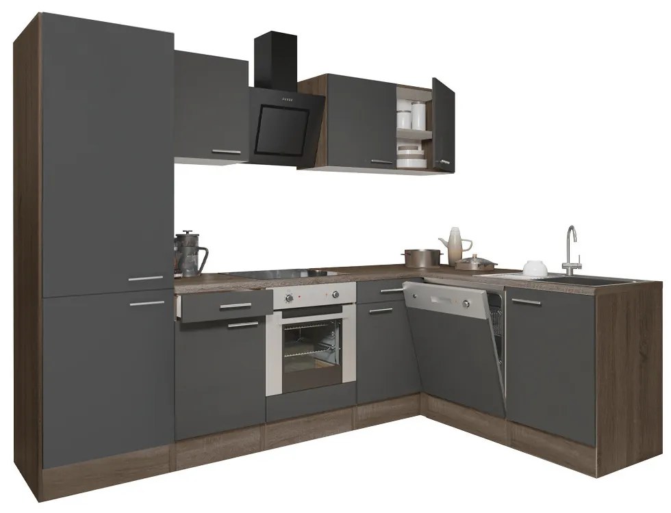 Mobilă de bucătărie de colț Yorki 280, corp stejar Yorki, față antracit satinat cu element cuptor inferior, dulap cu raft
