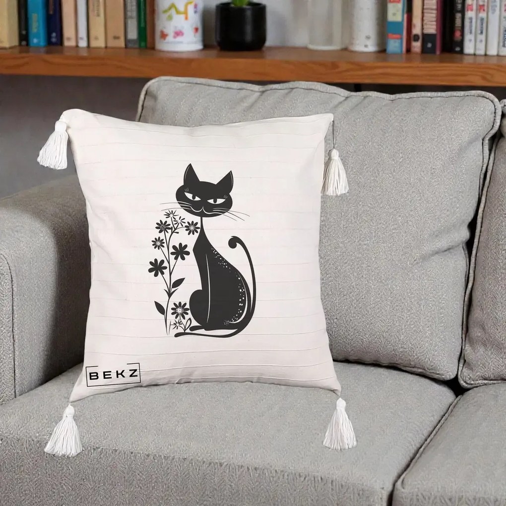 Perna decorativa Pisica Neagra Grafica Minimalista, 45x45 cm cu Umplutura, Bej cu Franjuri, BEKZ