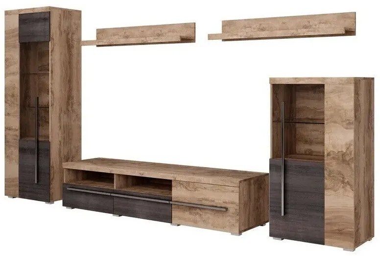 Mobilă pentru sufragerie Austin AD103Nuca, Stejar inchis, Părți separate, Cu comodă tv, Sticlă, PAL laminat, 160x270x40cm, 101 kg