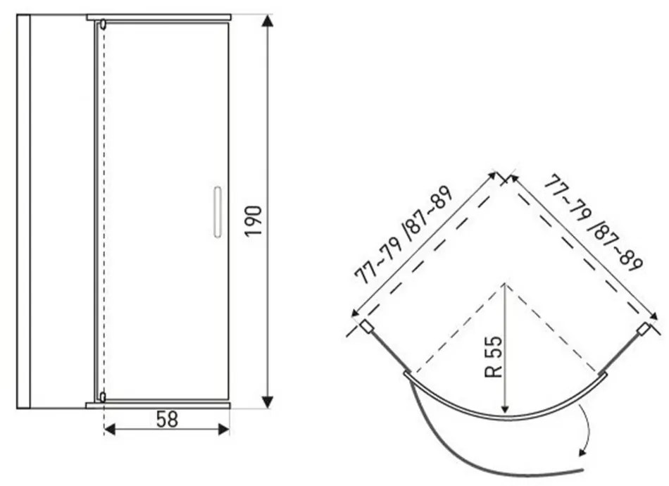 Cabină de duș curbată Splash fără cădiță 79x79x190cm - profil cromat, sticlă transparentă