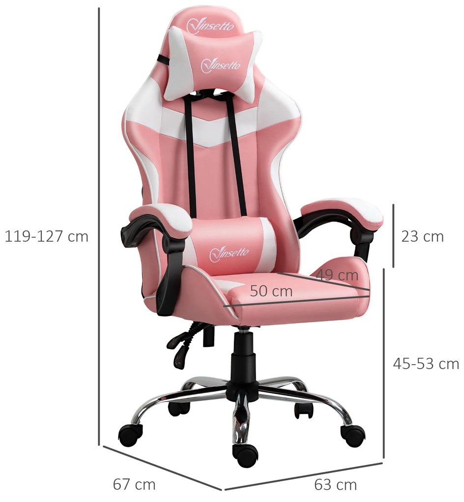 Vinsetto Scaun Gaming Ergonomic Roz, cu Tetieră, Înălțime Ajustabilă, Rabatabil, 63x67x119-127cm, Confort Maxim | Aosom Romania