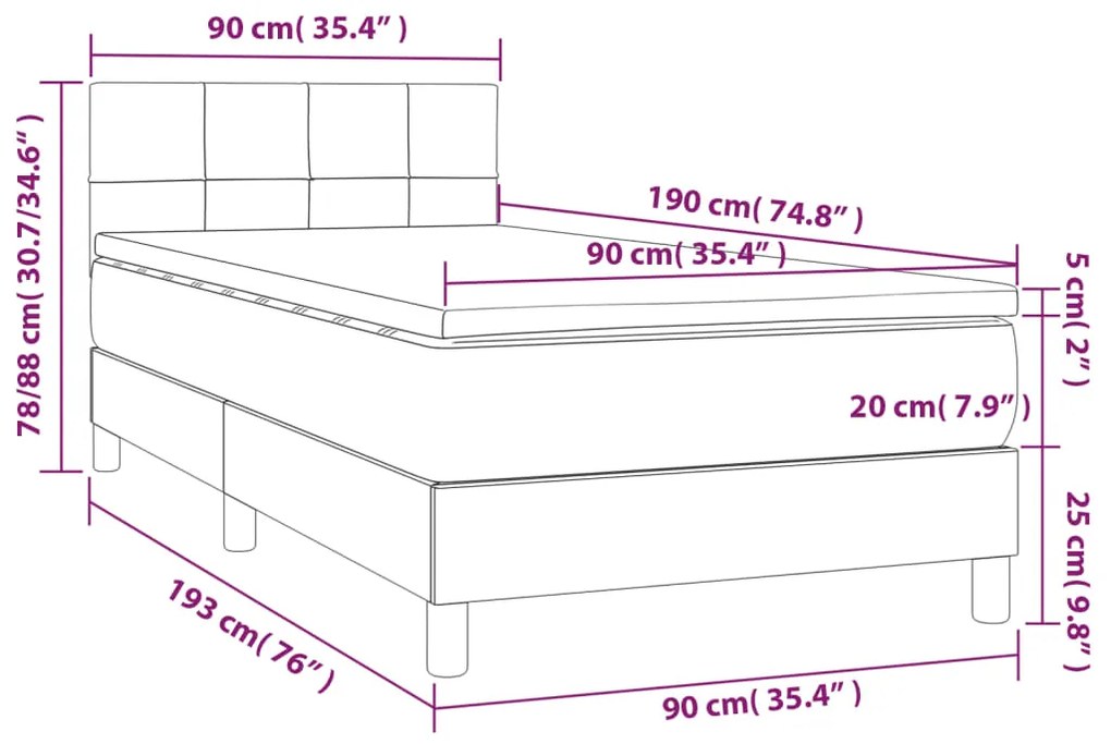 Pat box spring cu saltea, gri inchis, 90x190 cm, textil Morke gra, 90 x 190 cm, Cu blocuri patrate