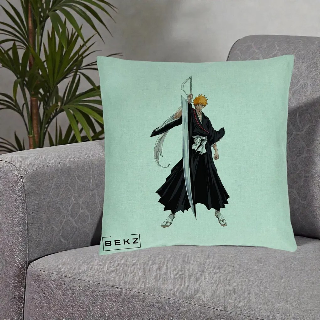 Perna Personalizata Bleach Ichigo Kurosaki Zangetsu, 40x40 cm, Verde Menta, Husa Detasabila, Perna Inclusa, BEKZ®