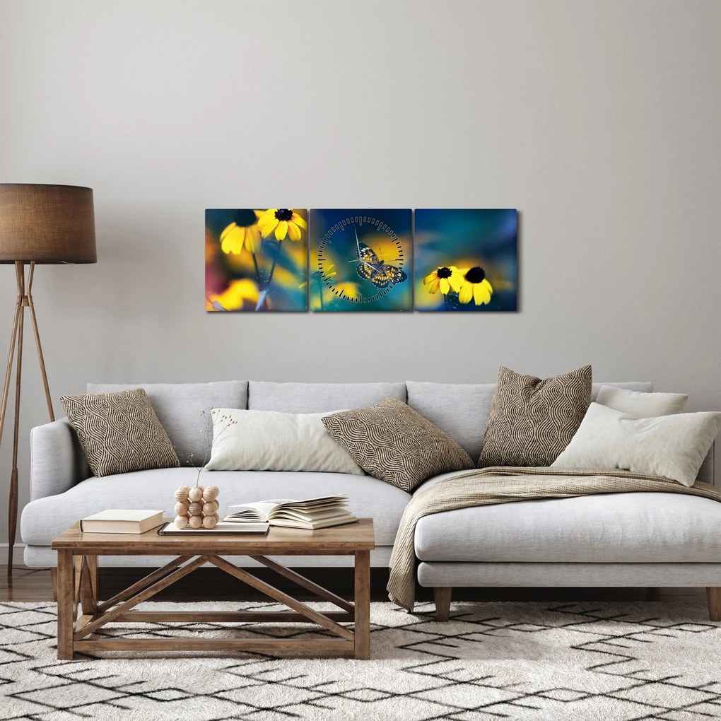 Tablou - Fluture galben și flori (cu ceas) (90x30 cm)