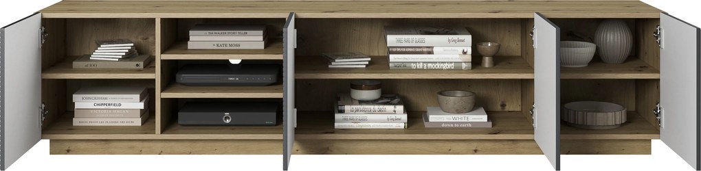 Comodă TV Asha 200 cm cu partea frontală riflat și nișă – stejar artisan / rivier stone mat