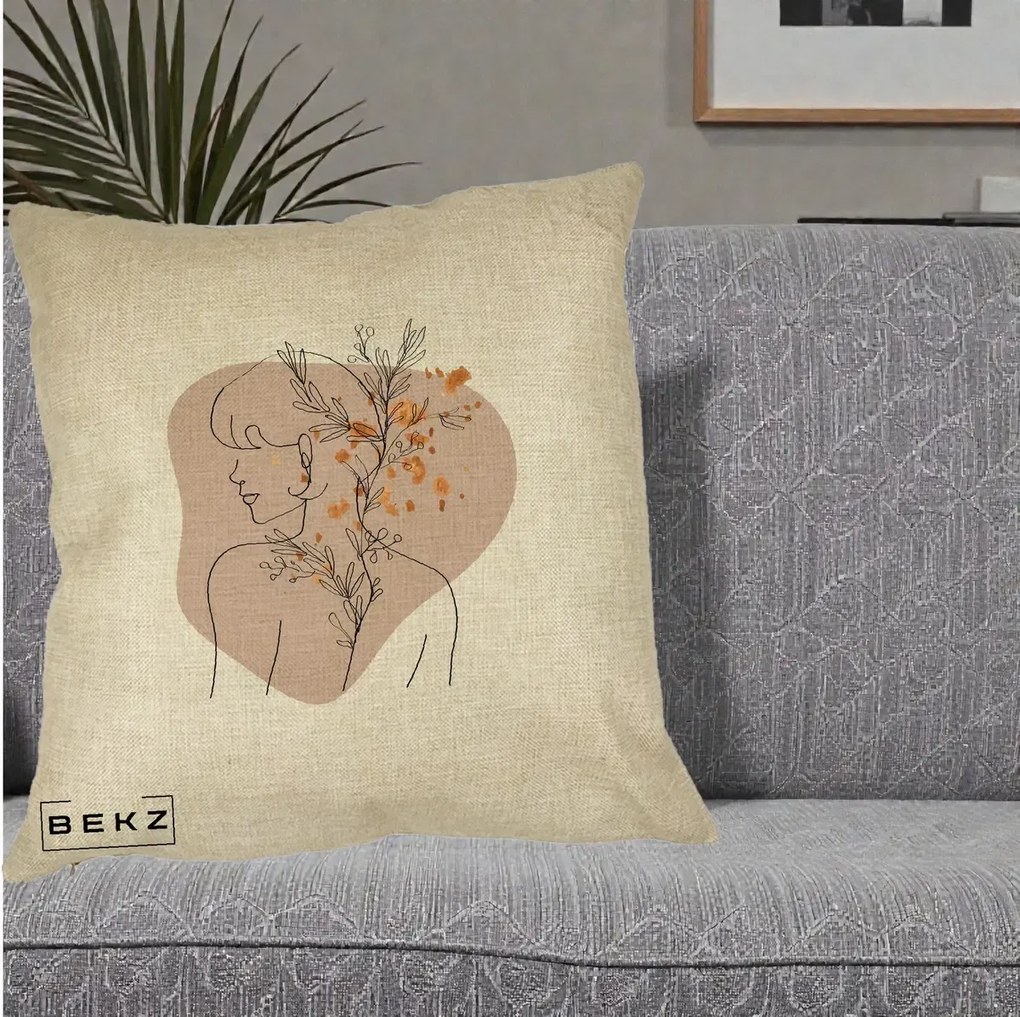 Perna Decorativa Femeie cu Flori Line Art Boho, 40x40 cm, Crem, Husa Detasabila, Perna Inclusa, BEKZ®