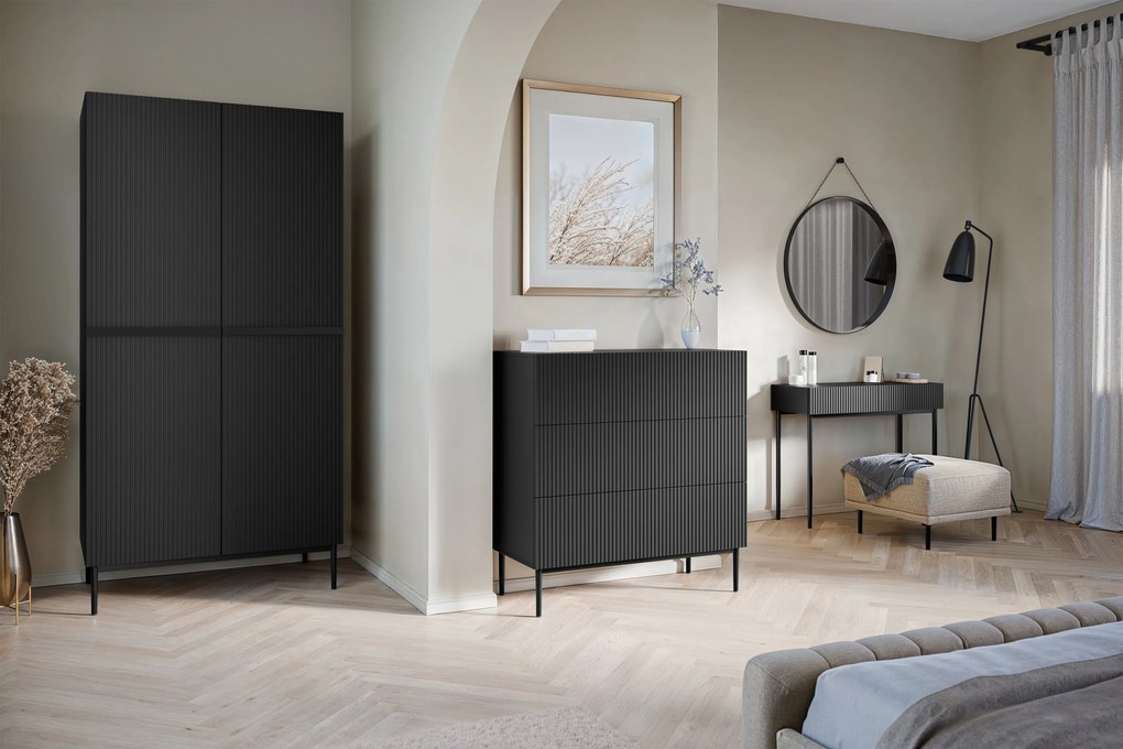 Dulap Nicole 100 cm dormitor cu două sertare - negru mat / picioare negre