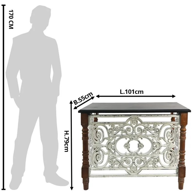 Consola alba cu blat negru, din lemn, aspect vintage, Baroquea