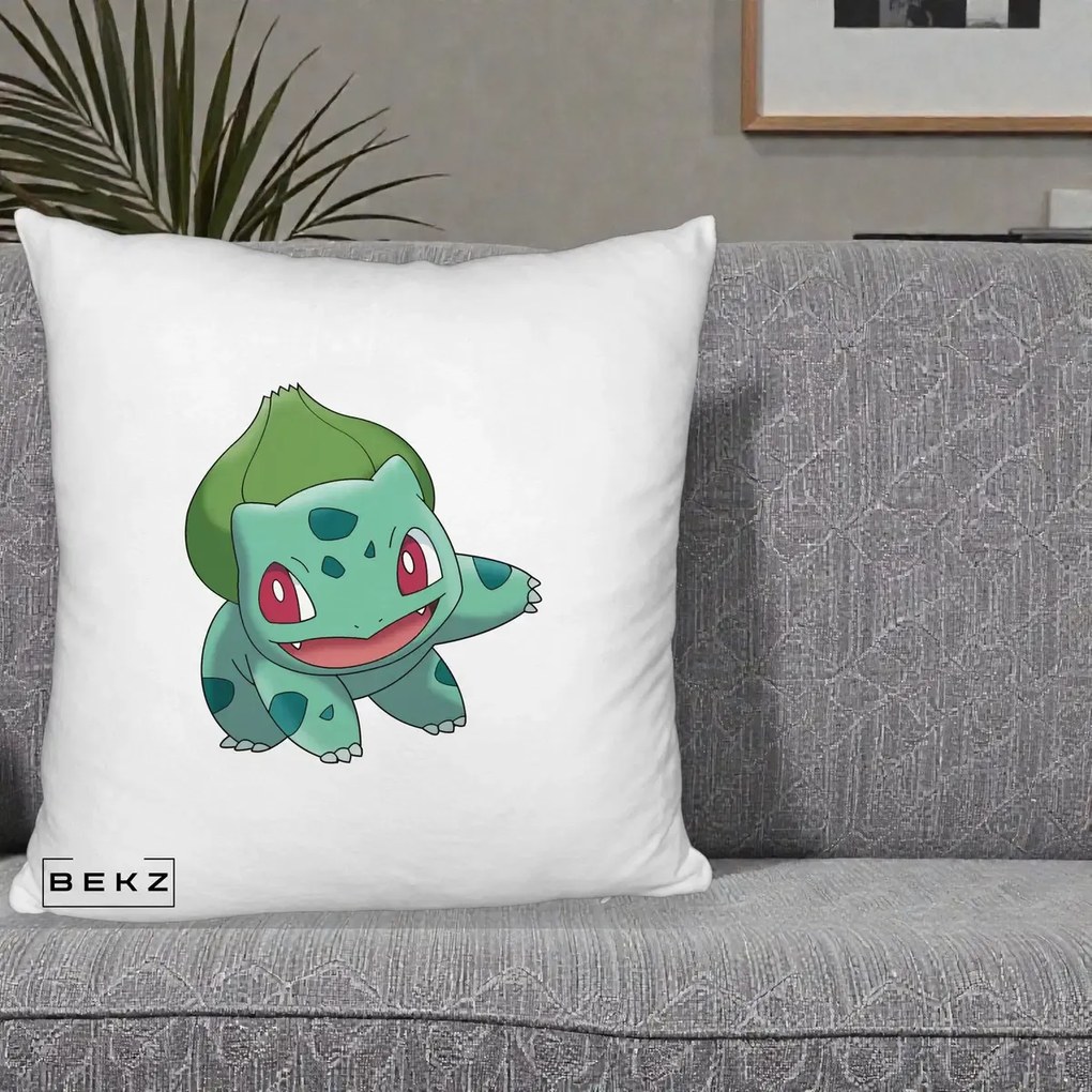 Perna Personalizata Bulbasaur Pokemon, 40x40 cm, Alb Pufos, Husa Detasabila, Perna Inclusa, BEKZ®