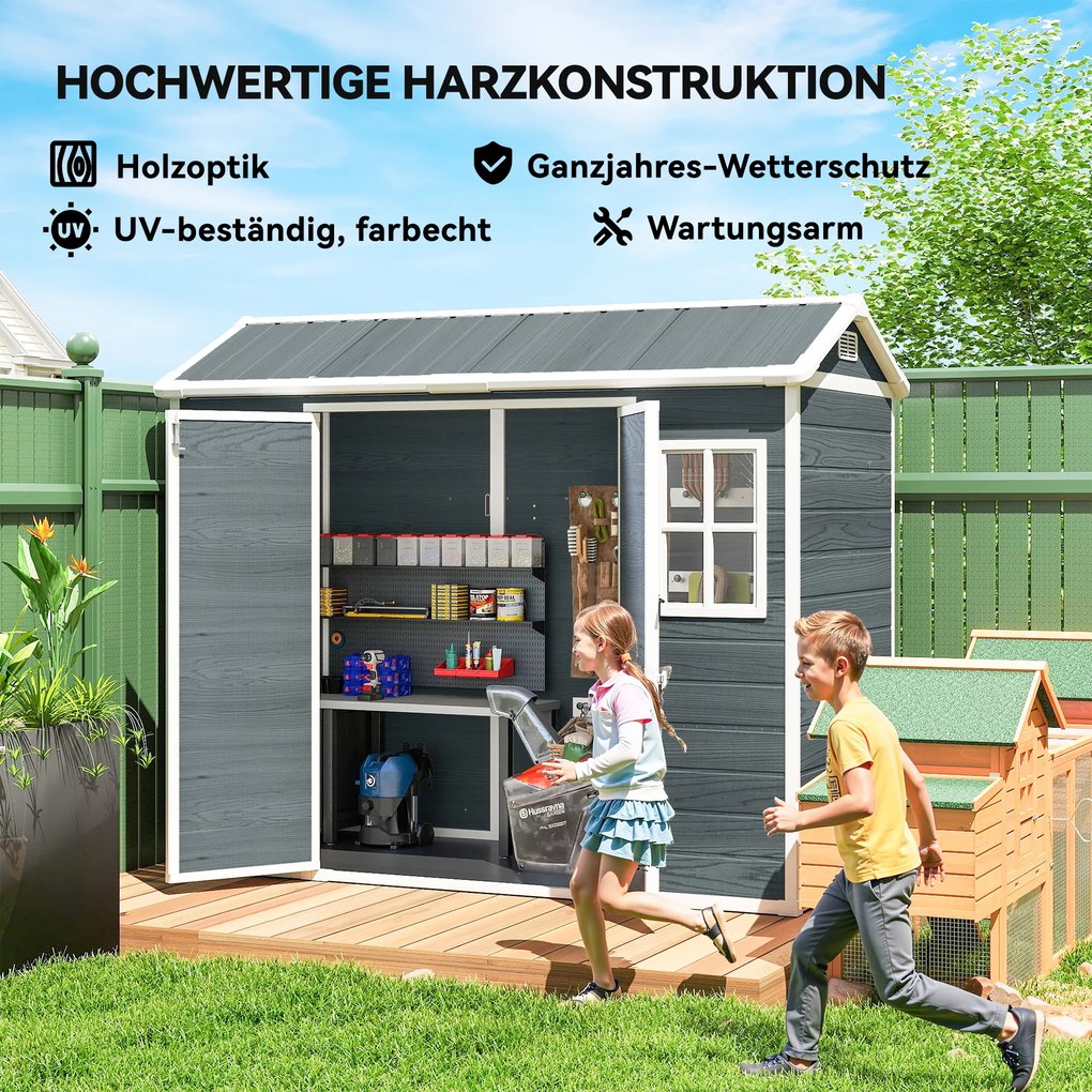 Outsunny Magazie pentru scule 2,77 m², magazie cu aspect lemn 2 ferestre ușă dublă ventilație pardoseală încuietoare mănuși | Aosom Romania