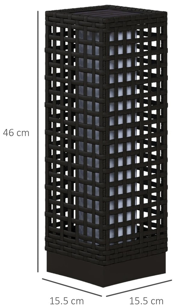 Outsunny Lampă de exterior cu panou solar, activare automată, 8 ore de funcționare, imitație de ratan, oțel, 15,5 x 15,5 x 46 cm, Negru | Aosom Romania