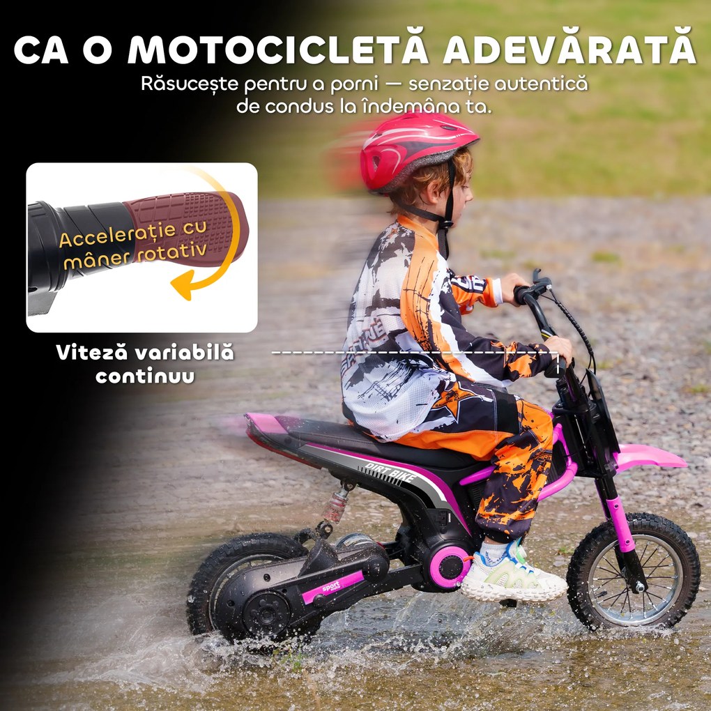 HOMCOM Motocicletă Electrică pentru Copii de 8-12 Ani cu Accelerație Manuală, și 2 Viteze, 119x64x76,5 cm, Roz | Aosom Romania