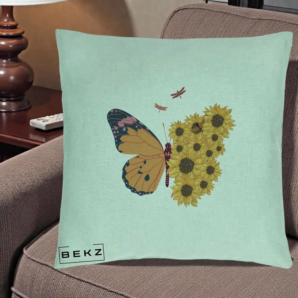 Perna Decorativa Fluture Floarea-Soarelui, 40x40 cm, Verde Menta, Husa Detasabila, Perna Inclusa, BEKZ®