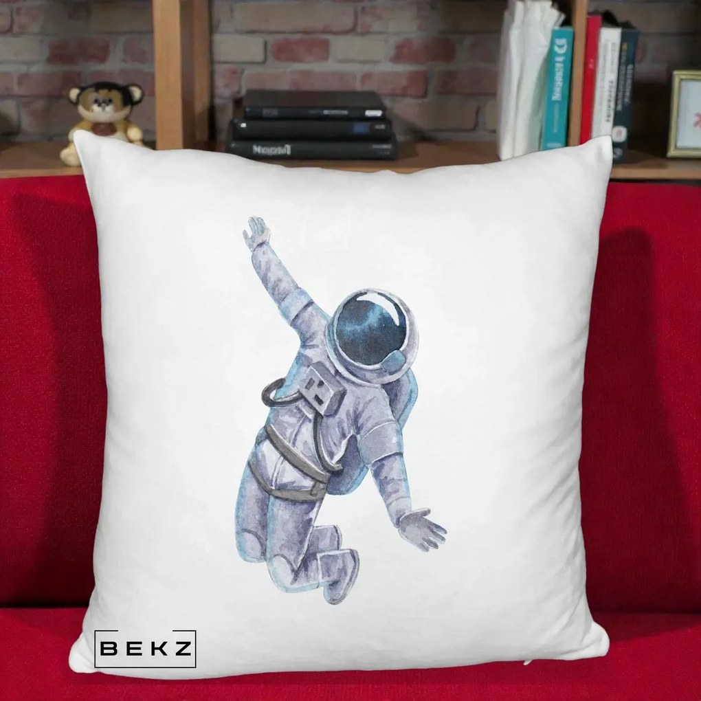 Perna Decorativa Astronaut Acuarela Zbor, 40x40 cm, Alb Pufos, Husa Detasabila, Perna Inclusa, BEKZ®