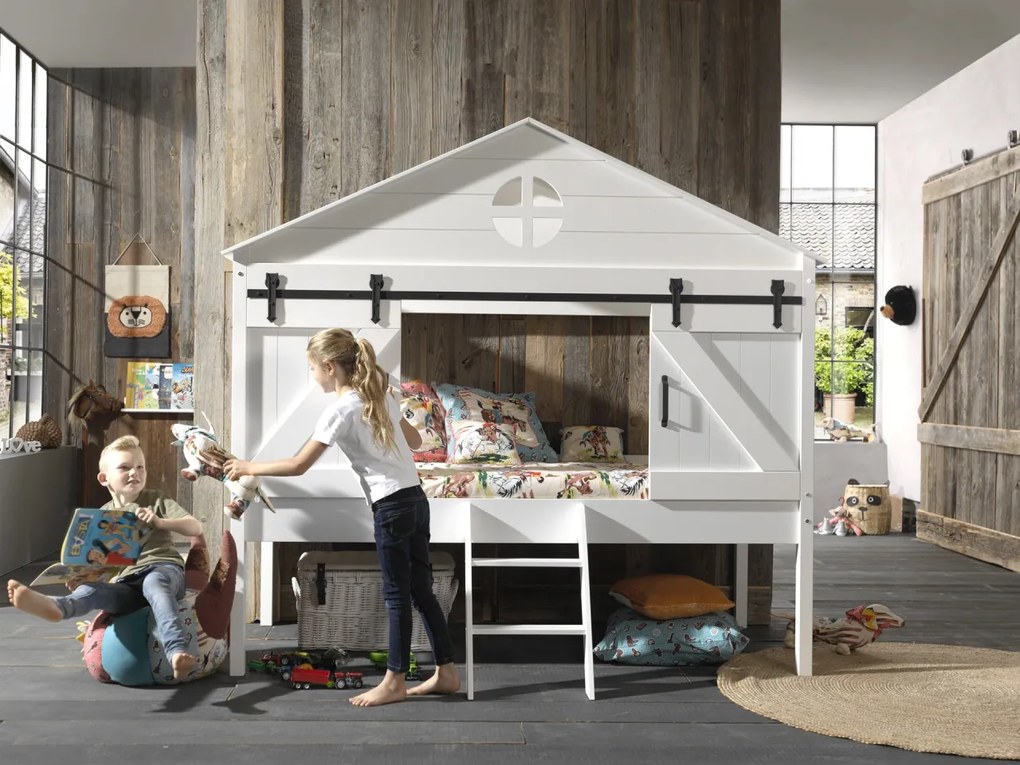 Pat Semi-Supraetajat Barnie pentru Copii, 90x200 cm, Alb (Pin Masiv și MDF) – Barnie – Vipack