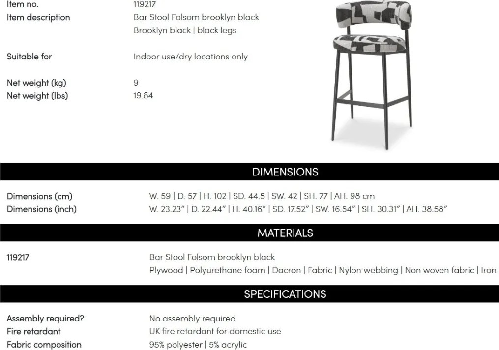 Scaun bar design LUX Bar Stool Folsom, Brooklyn black