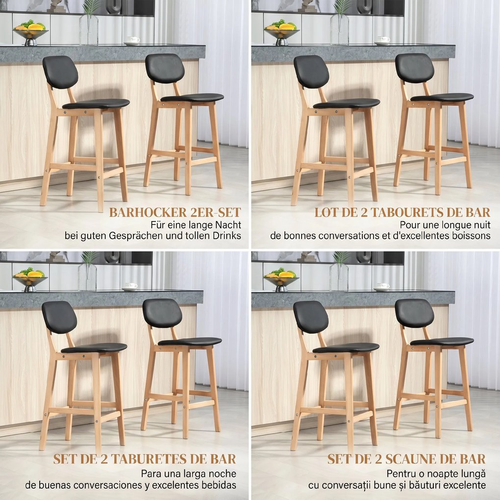 HOMCOM Set 2 Taburete cu Spătar și Tapițerie din Piele Artificială, Taburete Înalte din Lemn, 42x47x92 cm, Negru | Aosom Romania