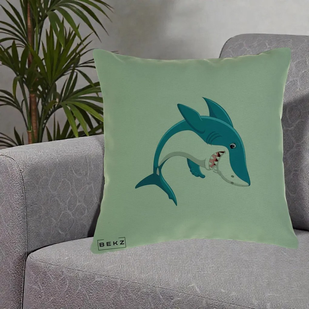 Perna Decorativa Rechin Albastru Cartoon, 40x40 cm, Verde, Husa Detasabila, Perna Inclusa, BEKZ®