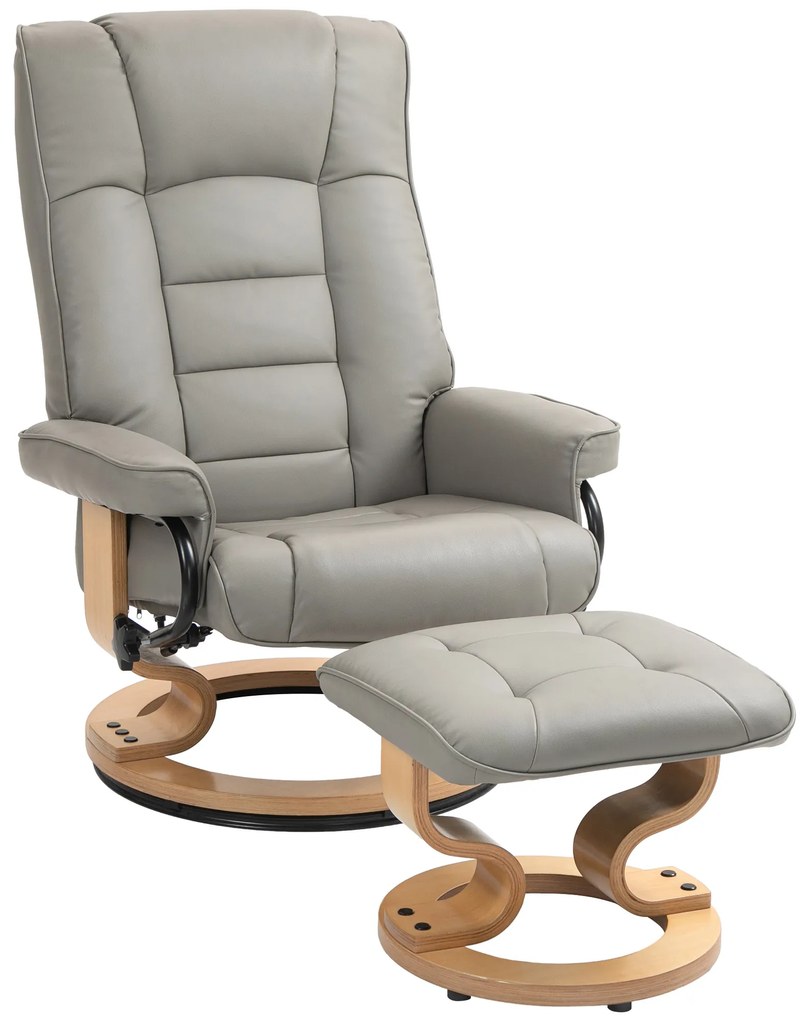 HOMCOM Fotoliu de relaxare inclinabil cu suport pentru picioare, pivotant, cadru din lemn, material sintetic gri | Aosom Romania