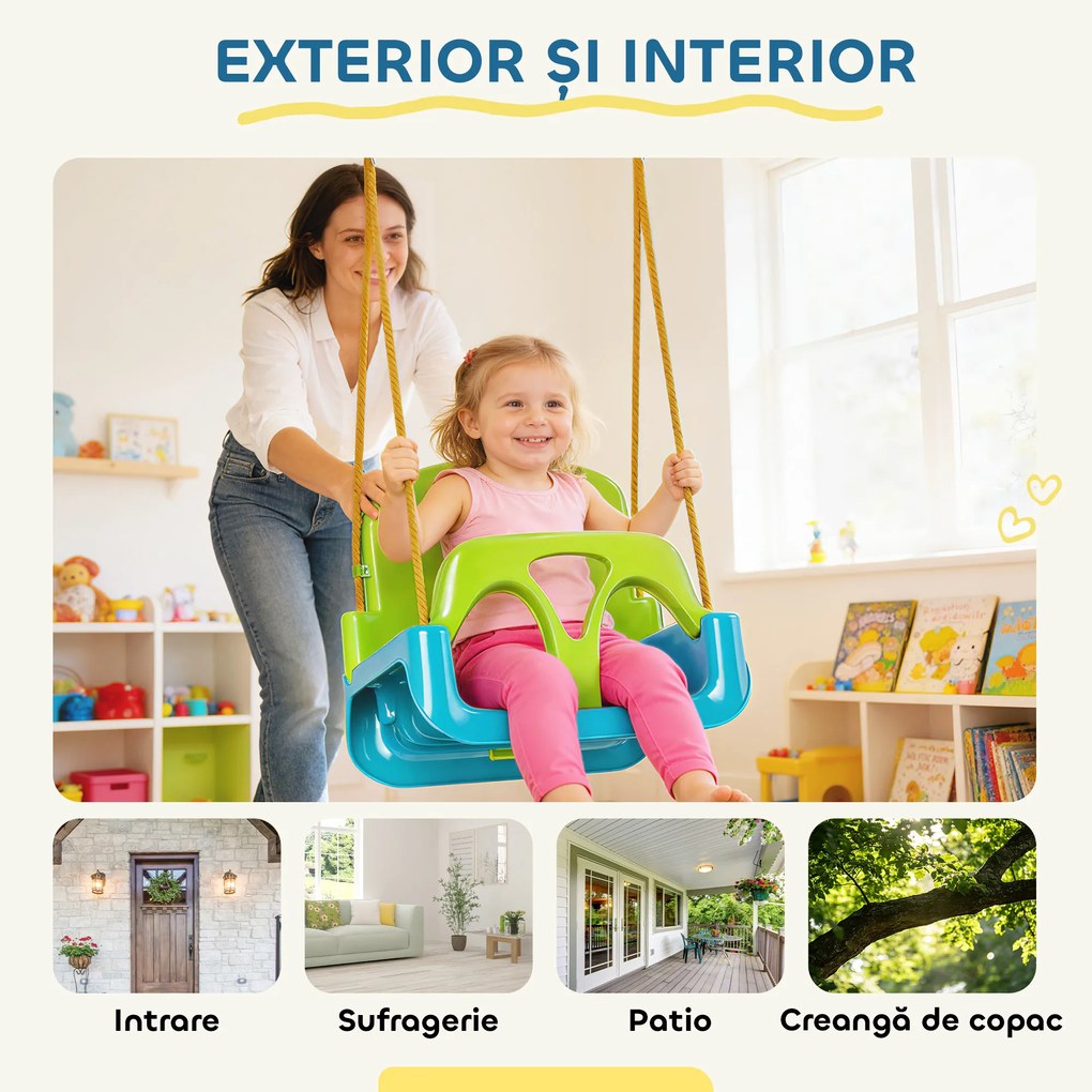 Outsunny Leagăn pentru Copii 3 în 1 pentru Interior și Exterior, Leagăn de Grădină pentru Bebeluși și Copii 9-36 Luni, Frânghie Reglabilă 120-180 cm și Centură de Siguranță, 42x33x120-180 cm, Verde | Aosom Romania