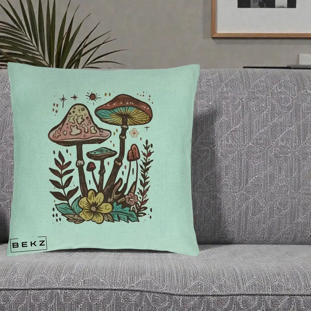 Perna decorativa Ciuperci Boho Multicolore, 40x40 cm cu Umplutura, Verde Menta, BEKZ