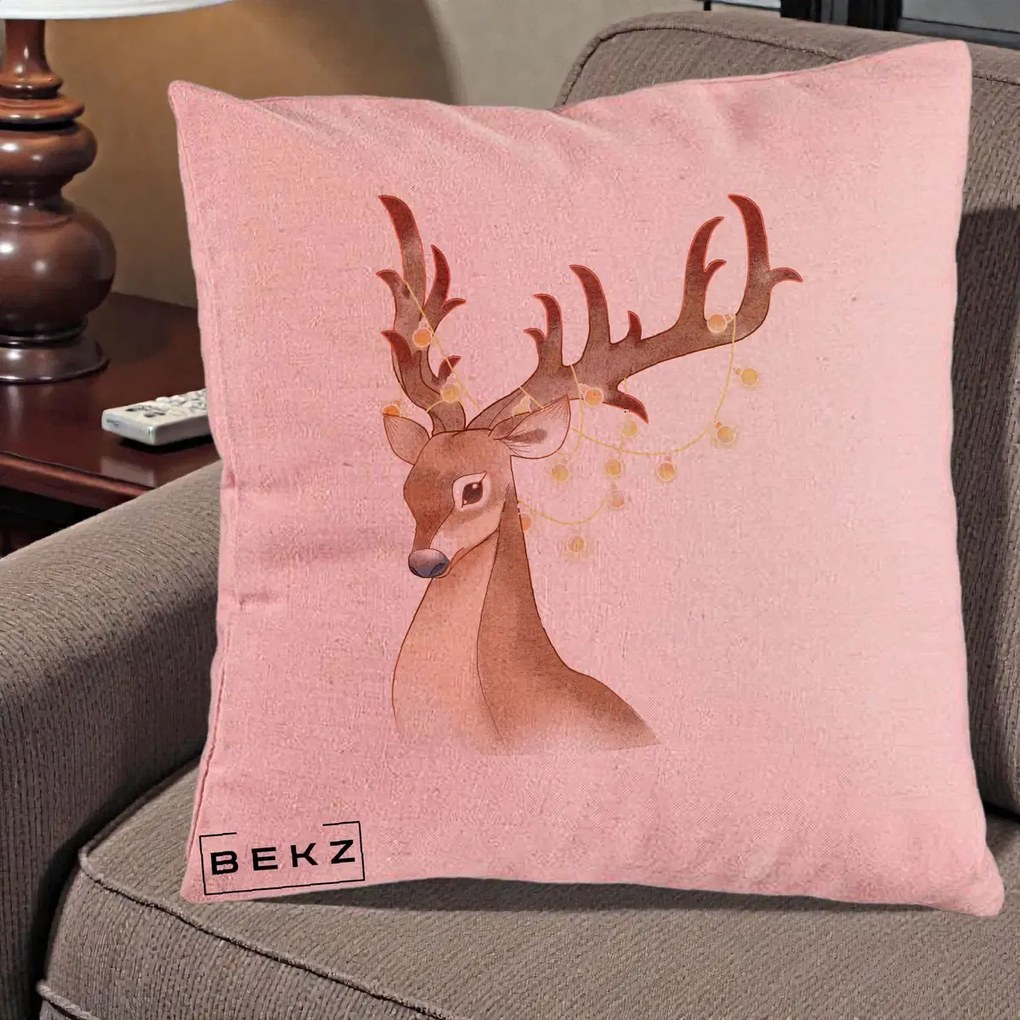 Perna Decorativa Ren cu Luminite de Craciun, 40x40 cm, Roz, Husa Detasabila, Perna Inclusa, BEKZ®