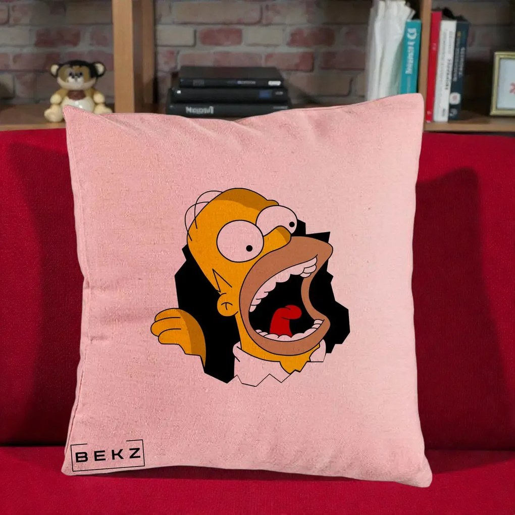 Perna Personalizata Homer Simpson Surpriza, 40x40 cm, Roz, Husa Detasabila, Perna Inclusa, BEKZ®
