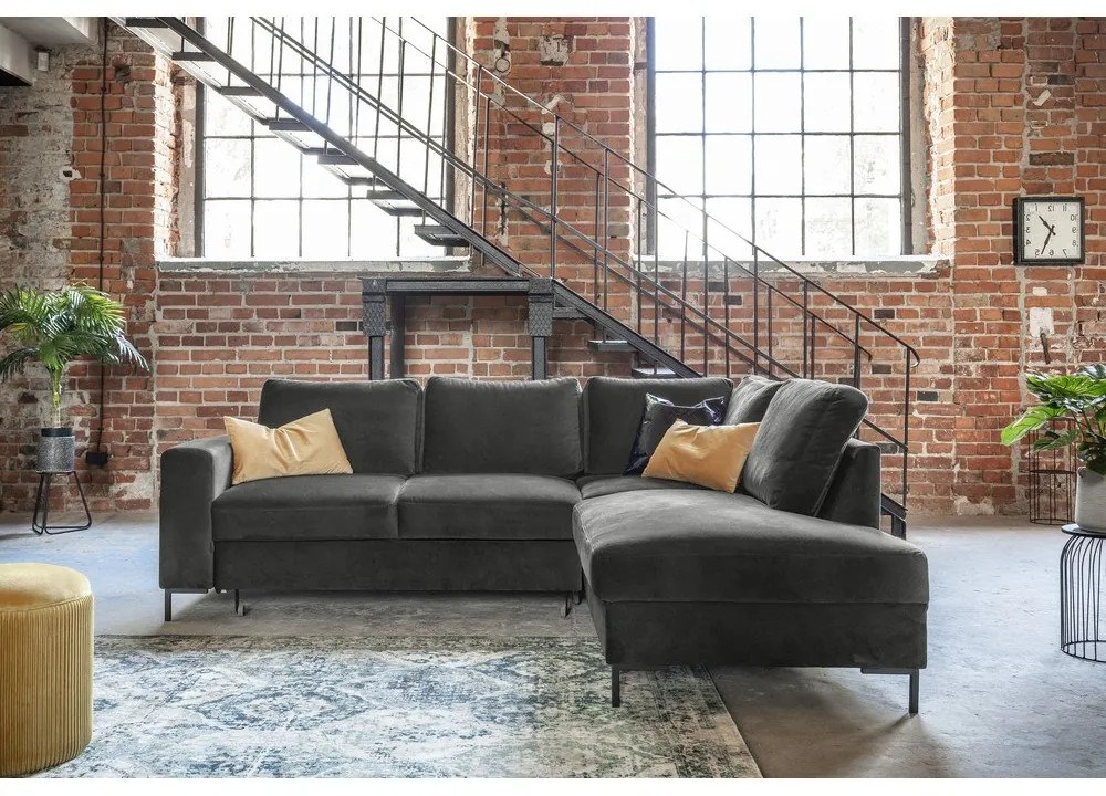 Colțar gri închis extensibil cu tapițerie din catifea (cu colț pe partea dreaptă) Lofty Lilly – Miuform