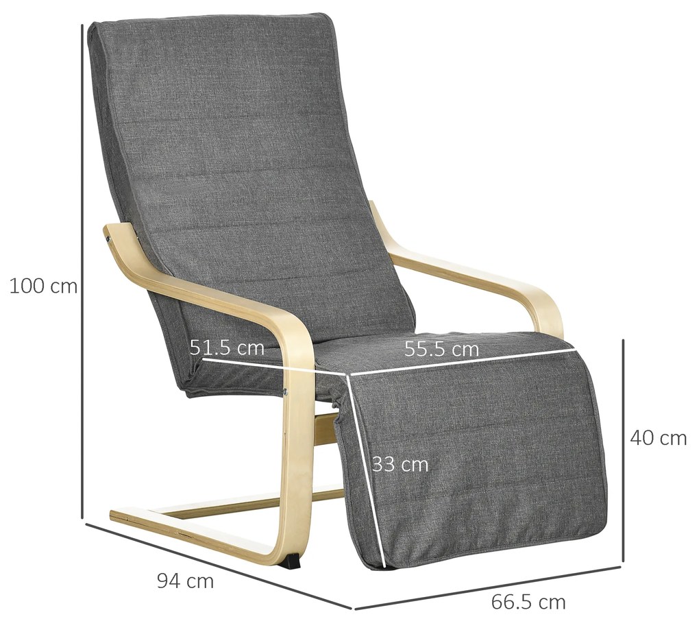 HOMCOM Fotoliu Relax cu Suport picioare pe 5 Niveluri si Tetiera, Fotoliu Ergonomic din Lemn de Mesteacan si Tesut, Gri