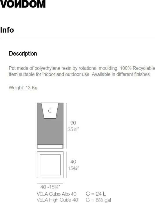 Ghiveci plante, flori design decorativ modern pentru amenajari interioare si exterioare, VELA HIGH CUBE 54049R Vondom