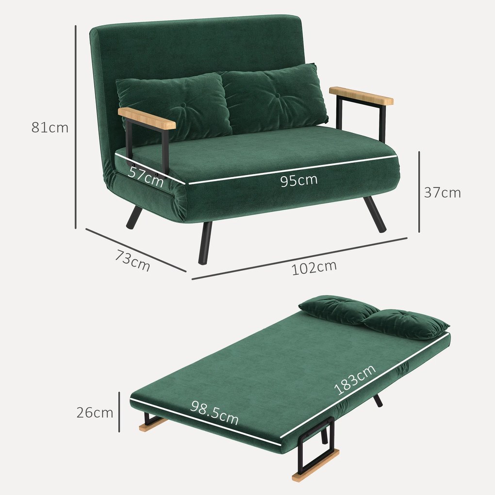HOMCOM Canapea Pat de 2 Locuri cu Spătar Reglabil pe 5 Nivele, Canapea Pat Pliabilă cu 2 Perne, 102x73x81 cm, Verde | Aosom Romania