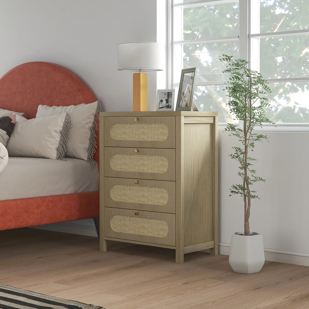 HOMCOM Comodă 4 sertare mobilier de depozitare stil boemian cu uși din răchită, 70 x 38 x 93 cm, efect lemn natural | Aosom Romania
