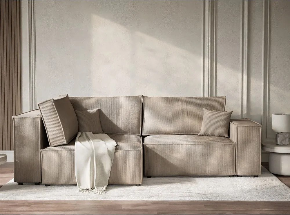 Colțar bej extensibil/cu spațiu de depozitare cu tapițerie din catifea reiată (cu colț pe partea stângă/în formă de ”L”) Tonga – Maison de Rêve