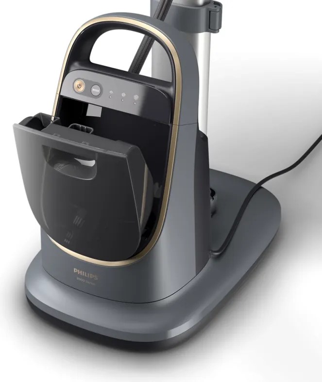 Aparat de calcat vertical cu abur Philips All-in-one 8500 AIS8540/80, 2200 W, 1,2 l, 6 bar, 90 g/min, 3 setari, OptimalTEMP, Masa reglabila, Gri inchis/Auriu