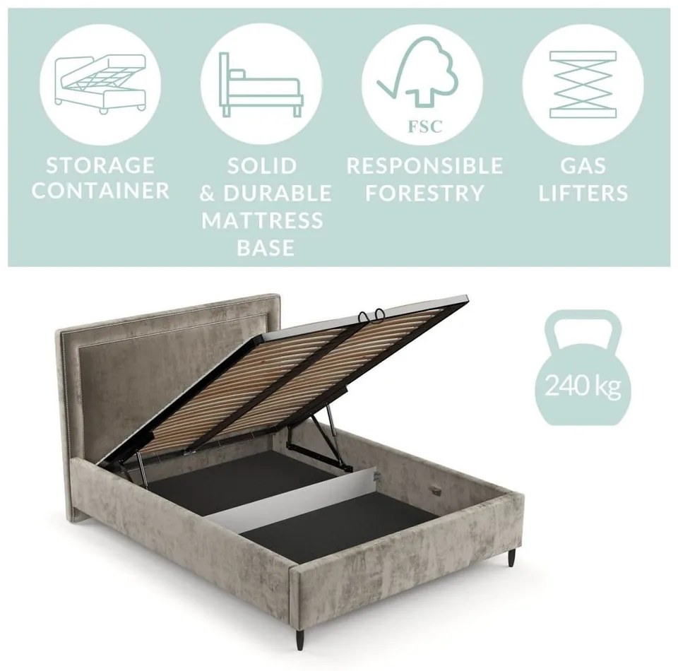 Pat matrimonial bej tapițat cu spațiu de depozitare cu somieră 140x200 cm Baleine – Maison de Rêve