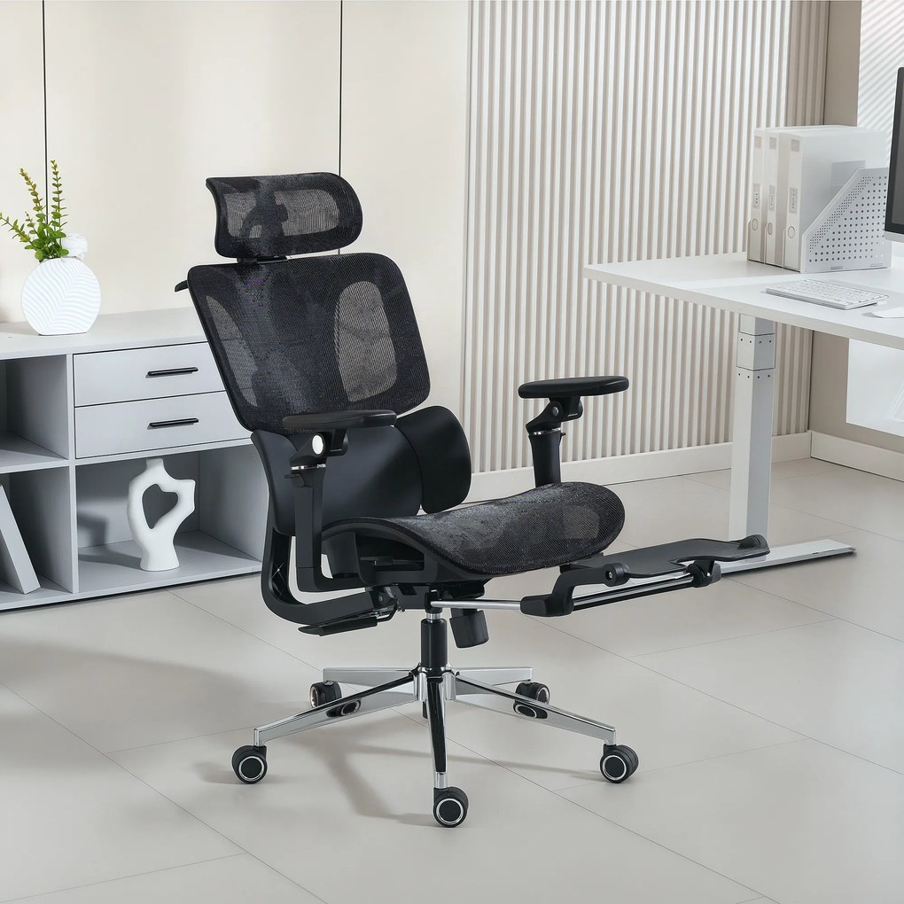 HOMCOM Scaun de Birou Ergonomic din Plasă cu Cotiere, Tetieră, Spătar Reglabil, Funcție Legănare, Negru | Aosom Romania
