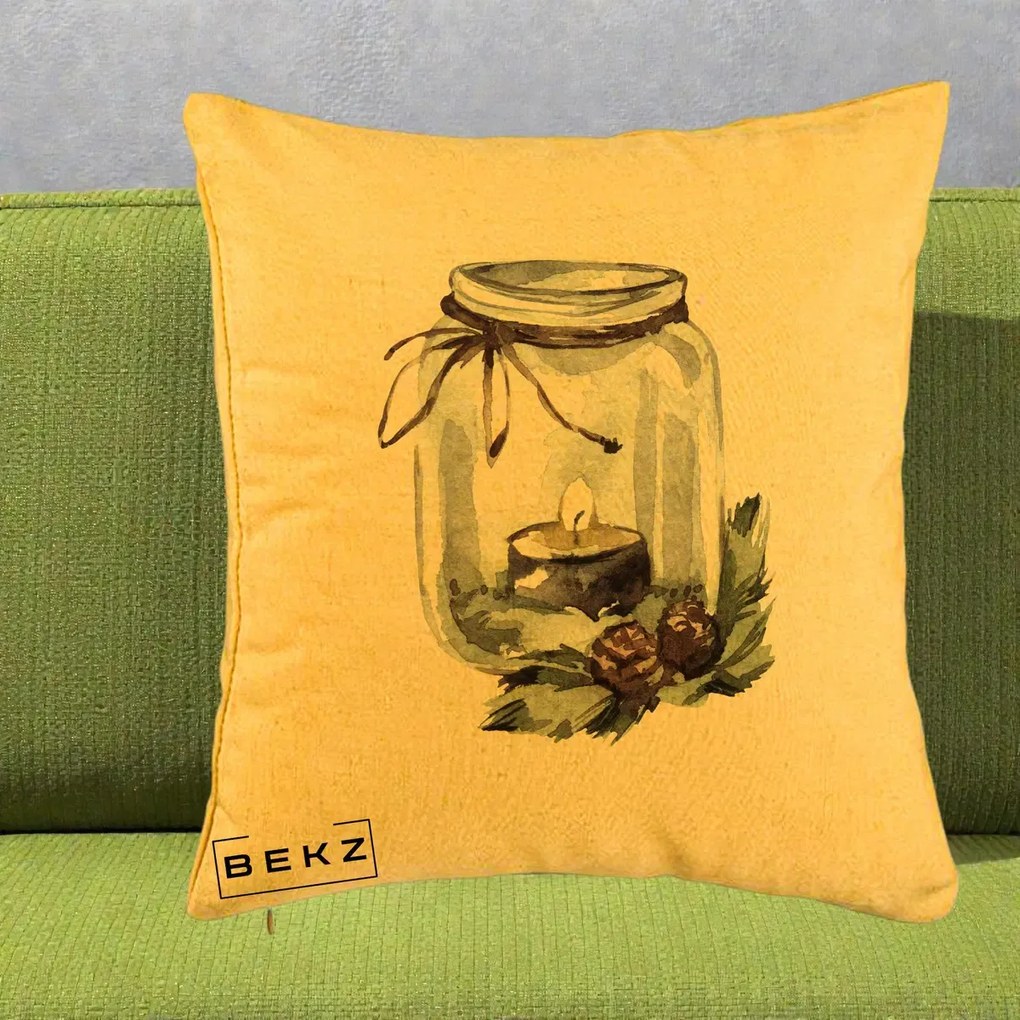 Perna Decorativa Felinar cu Lumanare si Conuri, 40x40 cm, Galben, Husa Detasabila, Perna Inclusa, BEKZ®