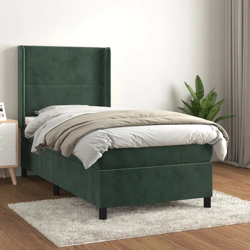 3132600 vidaXL Pat box spring cu saltea, verde închis, 90x200 cm, catifea