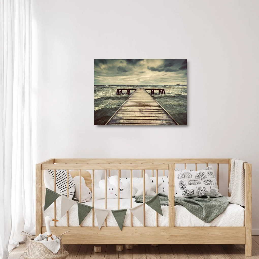 Tablou pe sticlă cu dig din lemn la mare (70x50 cm)
