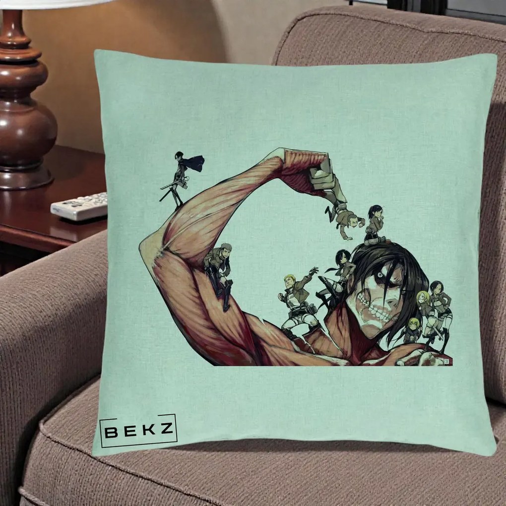 Perna Personalizata Attack on Titan Eren Titan Grup, 40x40 cm, Verde Menta, Husa Detasabila, Perna Inclusa, BEKZ®