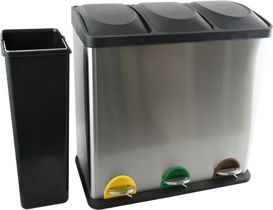 Coș de gunoi argintiu mat pentru reciclare/cu pedală 3x20 l din oțel Tri Selectif – MSV